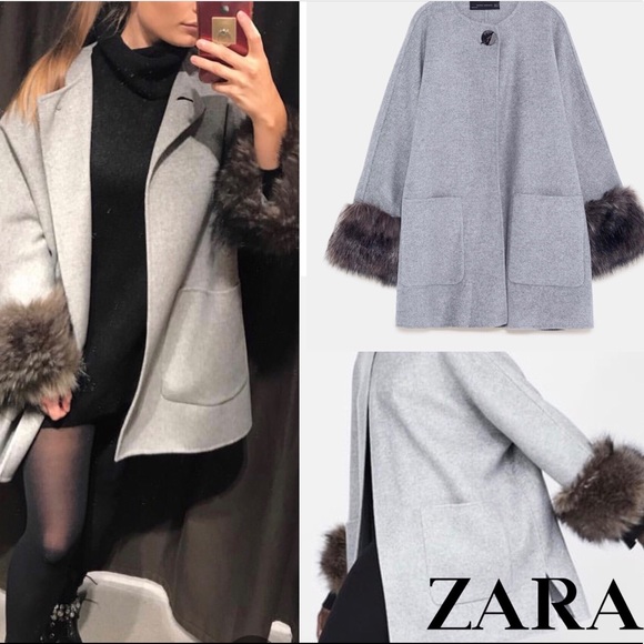 zara grey coat with fur cuffs